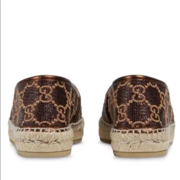 Authentic Gucci WOMEN'S HERITAGE GG LAMÉ ESPADRILLE IN BROWN size 5 - Picture 2 of 8